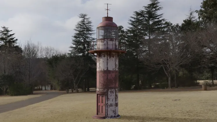 A weathered red and white lighthouse standing in a park